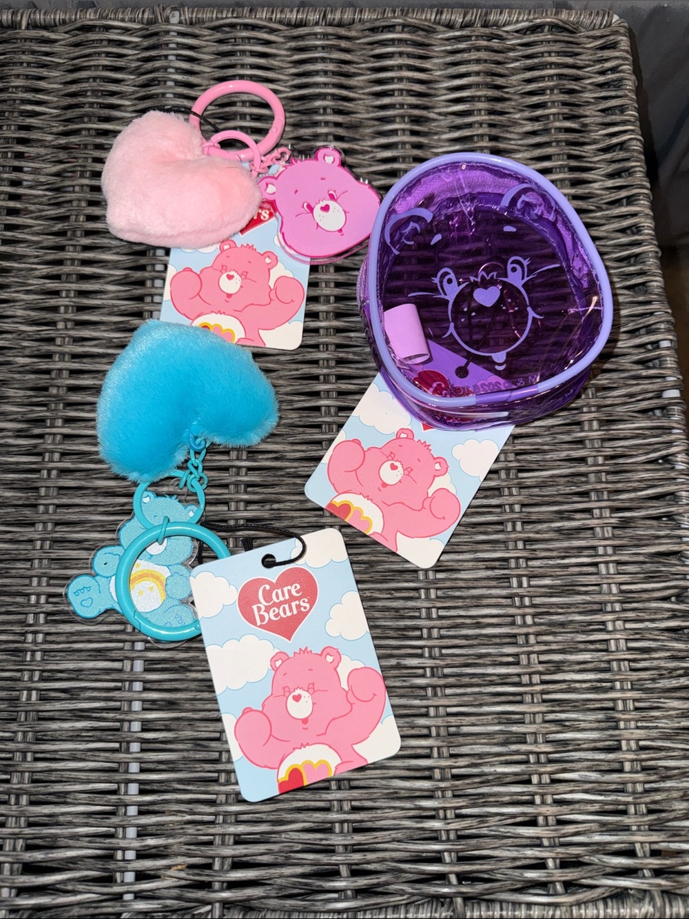 Care Bears Pink, Blue & Purple Keychain and Bear Pouch Set
